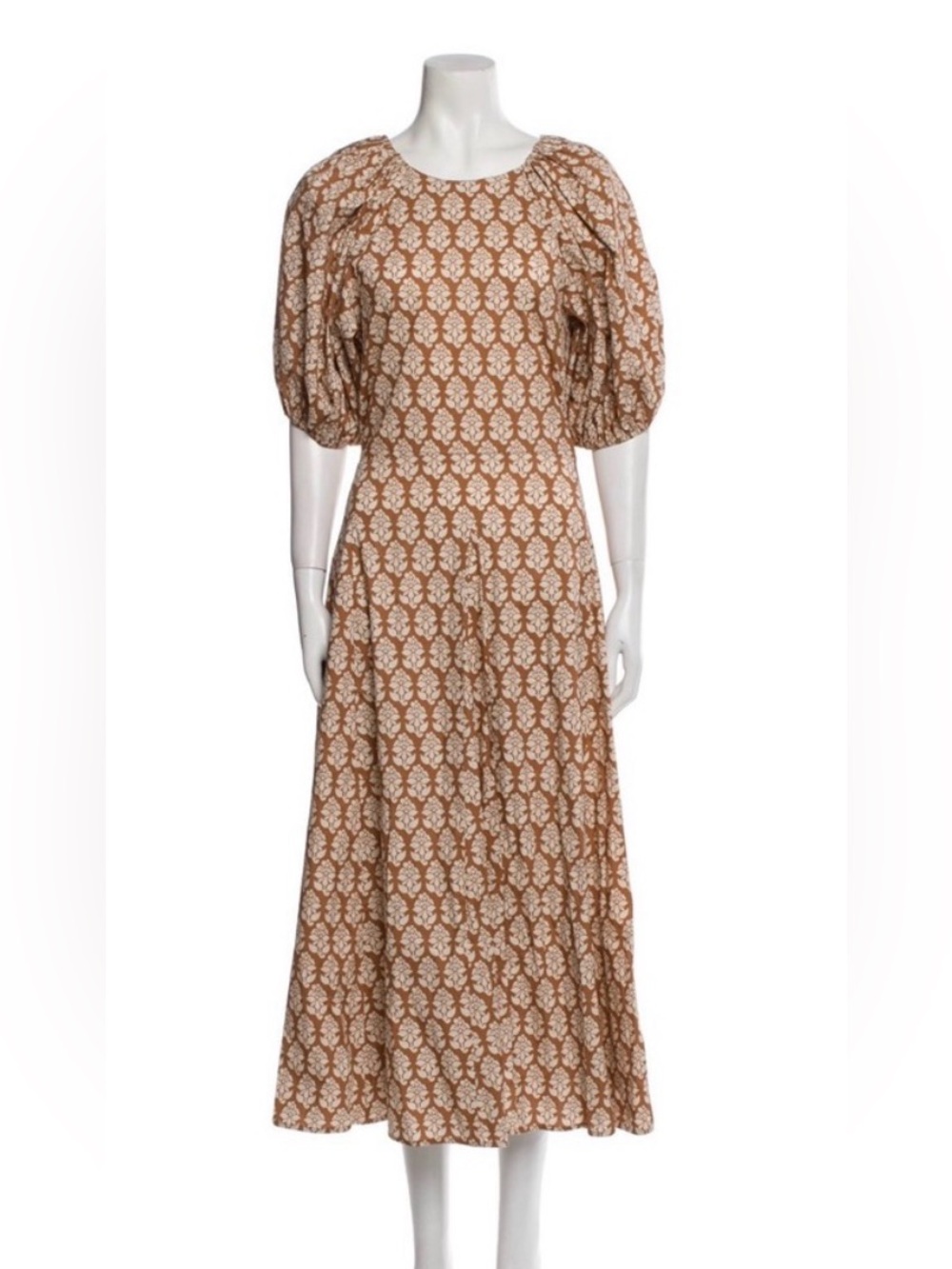 RHODE Brown Floral Puff-Sleeve Midi Dress